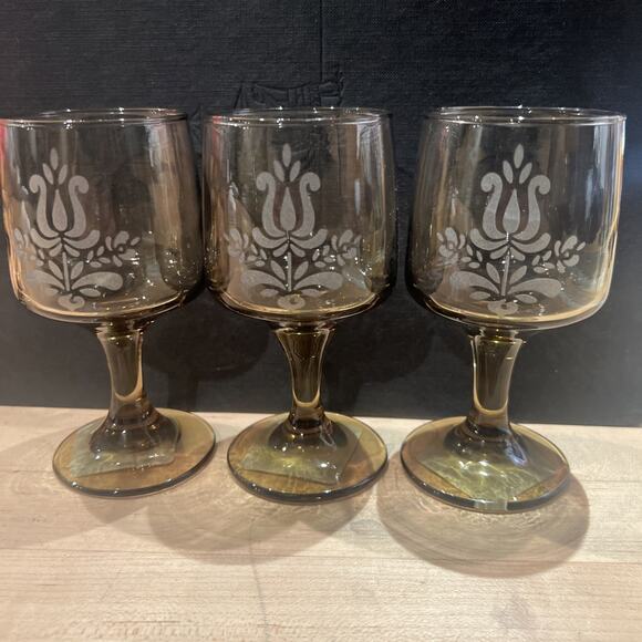 PFALTZGRAFF Village SET OF 8 Brown Etched Pedestal Goblets Wine Glasses EXC! WOW - Picture 4 of 7